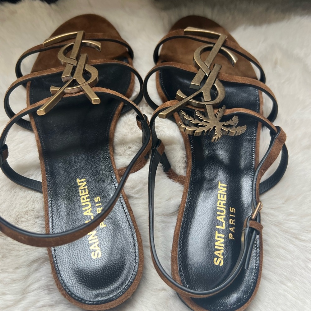 New Saint Laurent Cassandra Suede YSL logo Palm tree Sandals Brown Sandals - Picture 10 of 13